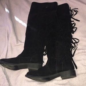 Black Knee High Fringe Boots